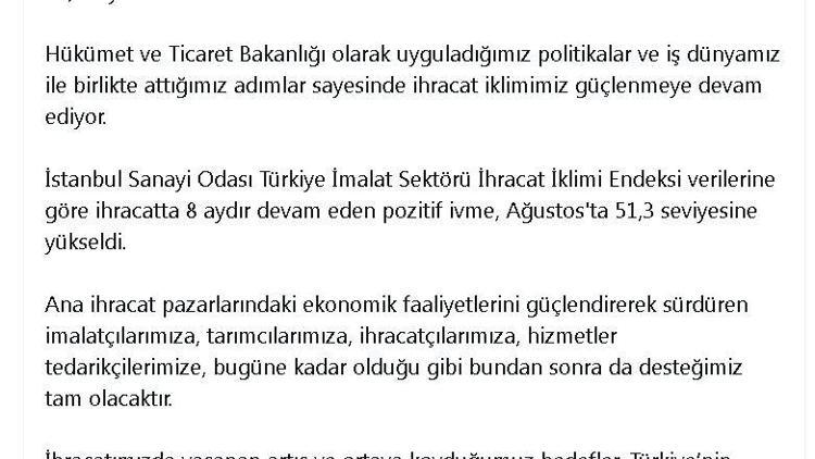 Bakan Bolat: Türkiye imalat sektörü ihracat iklimi endeksi 51,3e yükseldi