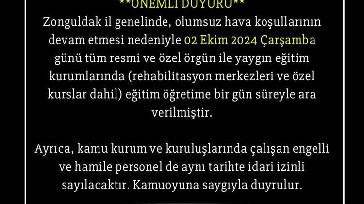 Zonguldakta sağanak yağmur nedeniyle eğitime 1 gün ara verildi