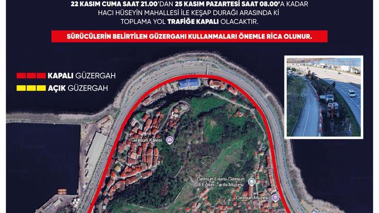 Giresunda çalışma yapılacak yolun bir bölümü üç gün trafiğe kapatılacak