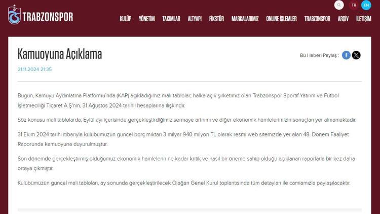 Trabzonspor’un borcu 3 milyar 940 milyon TL