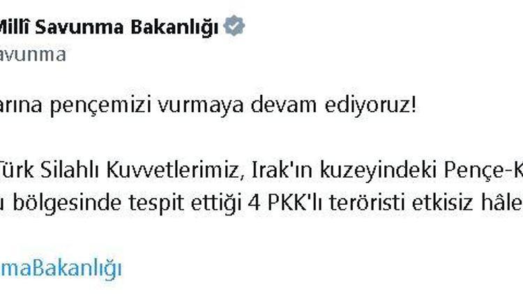 MSB: Irakın kuzeyinde 4 terörist etkisiz hale getirildi