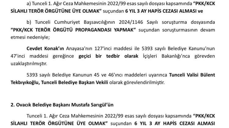 Tunceli ve Ovacık Belediye başkanları görevden uzaklaştırıldı