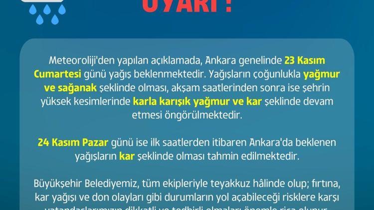 Ankara Büyükşehir Belediyesinden sağanak uyarısı