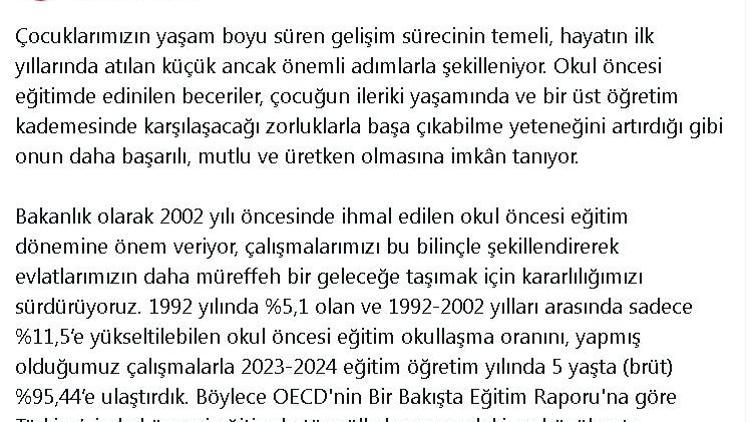 Bakan Tekin: Okul öncesi eğitimde okullaşma oranını yüzde 95e ulaştırdık