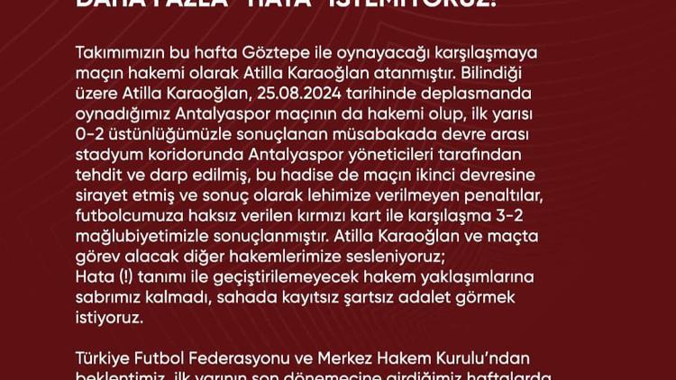 Hatayspor, hakem hatalarına dikkat çekti