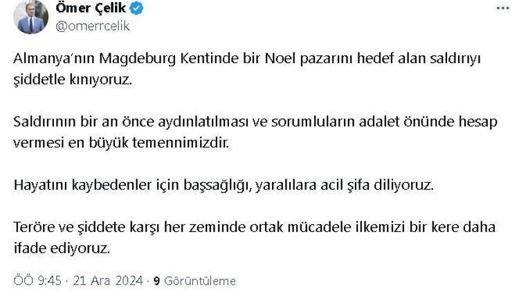 AK Partili Çelik: Almanyada Noel pazarını hedef alan saldırıyı şiddetle kınıyoruz