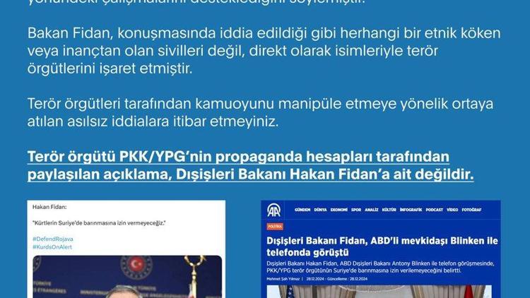 DMM: PKK/YPGnin propaganda hesapları tarafından paylaşılan açıklama, Bakan Fidan’a ait değildir