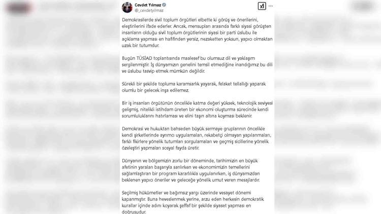 Cevdet Yılmaz: TÜSİAD toplantısında olumsuz dil ve yaklaşım sergilenmiştir