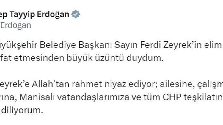 Erdoğandan Zeyrek İçin Taziye Mesajı