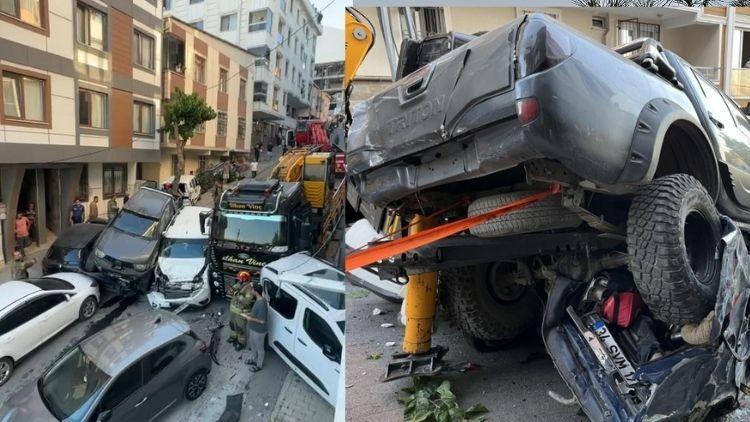 Savaş alanı gibi İstanbul’da bir vinç 23 aracı biçti geçti