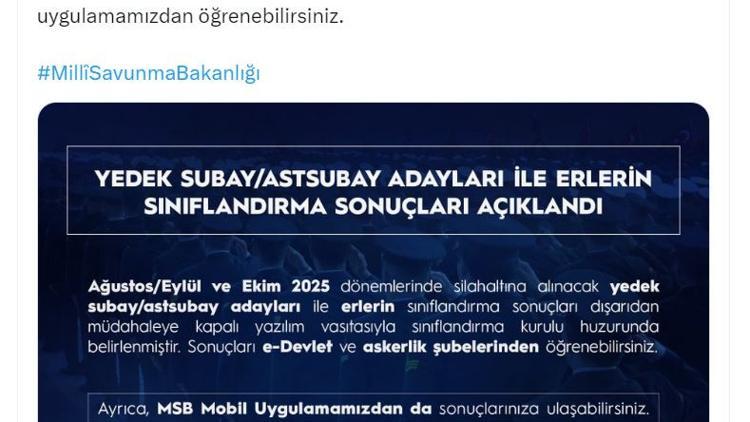 MSB: Erlerin sınıflandırma sonuçlarının açıklandı