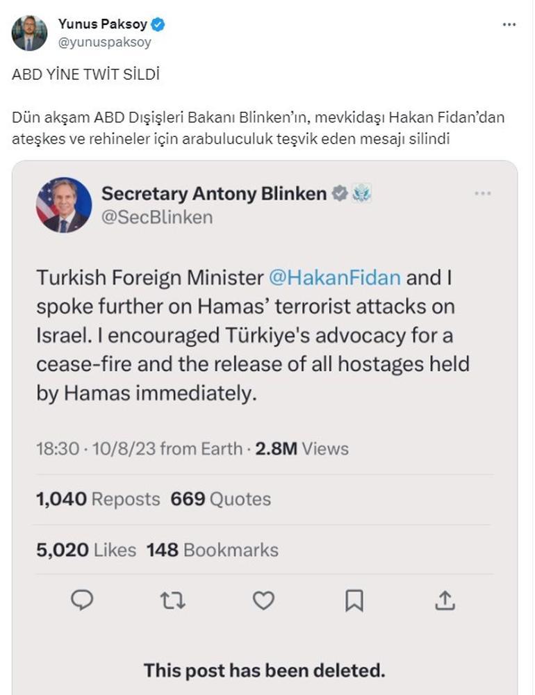 ABDden yeni skandal Ateşkes çağrısının olduğu tweeti sildiler