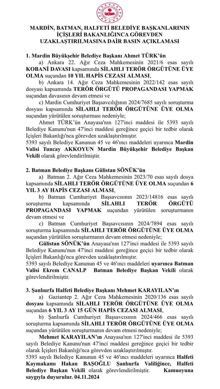 Son dakika... Mardin, Batman ve Halfeti Belediyelerine kayyum atandı İşte yeni görevlendirmeler