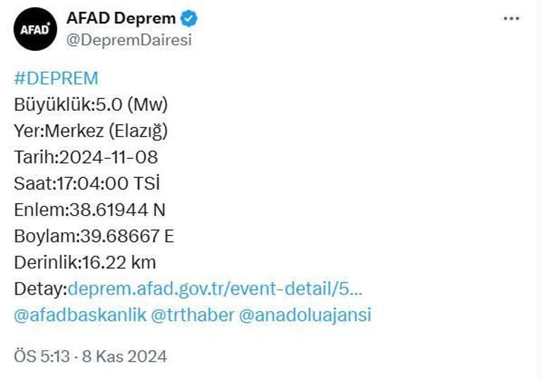 Son dakika: Elazığda 5.0 büyüklüğünde deprem Bakan Yerlikaya: Olumsuz bir durum yok