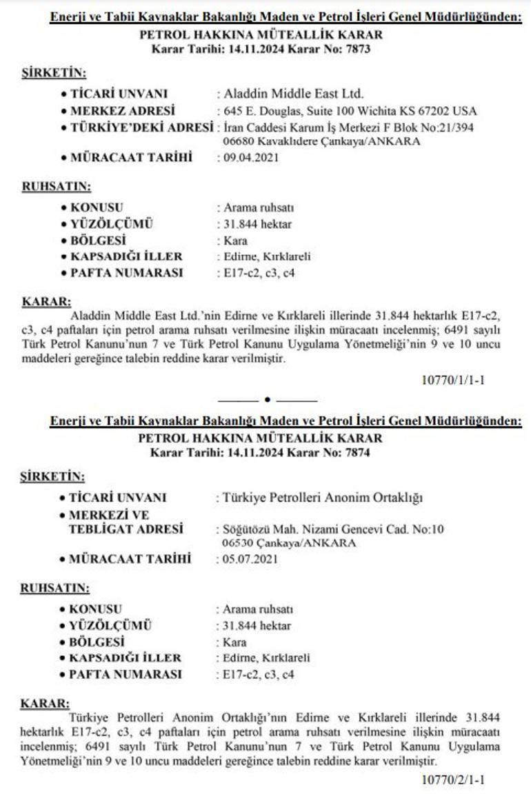 Edirne ve Kırklarelinde petrol arama talepleri reddedildi