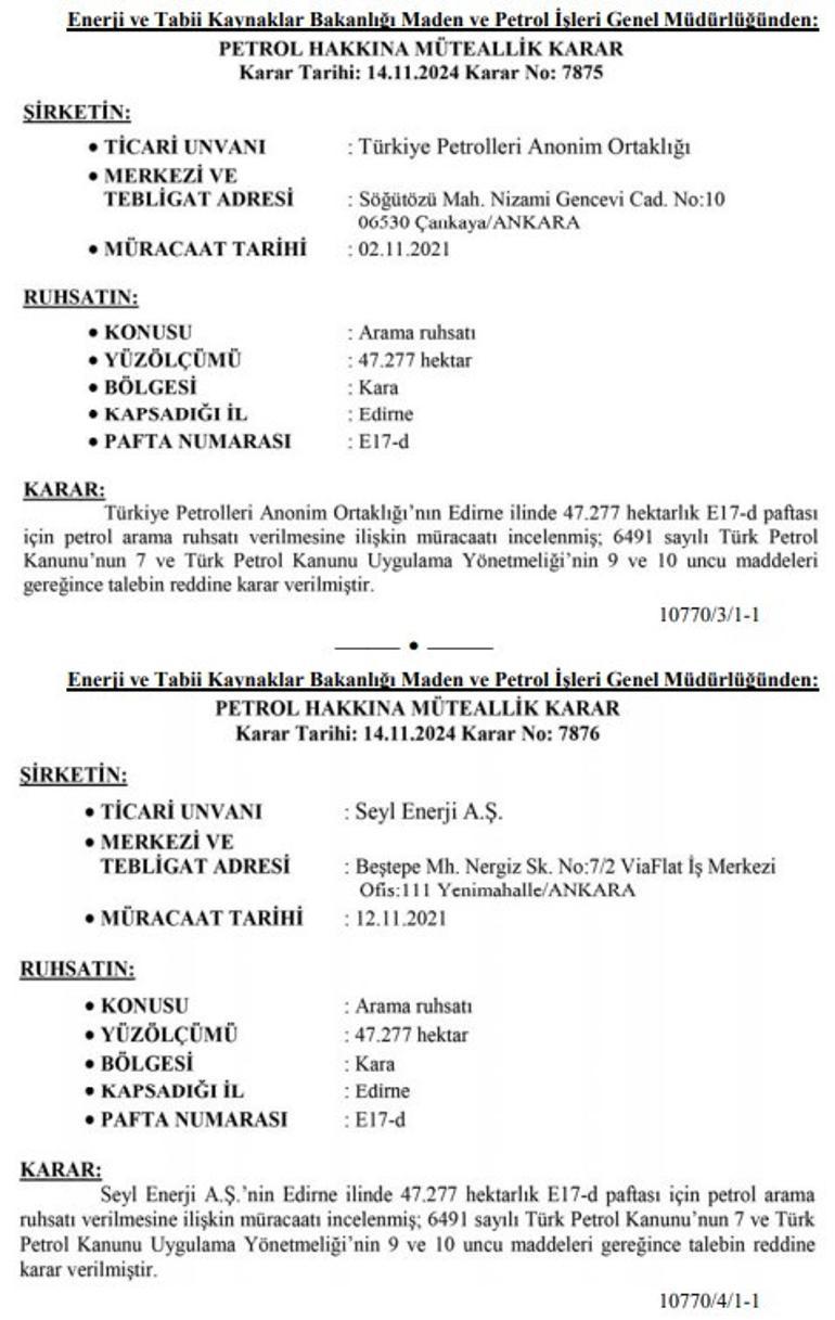 Edirne ve Kırklarelinde petrol arama talepleri reddedildi