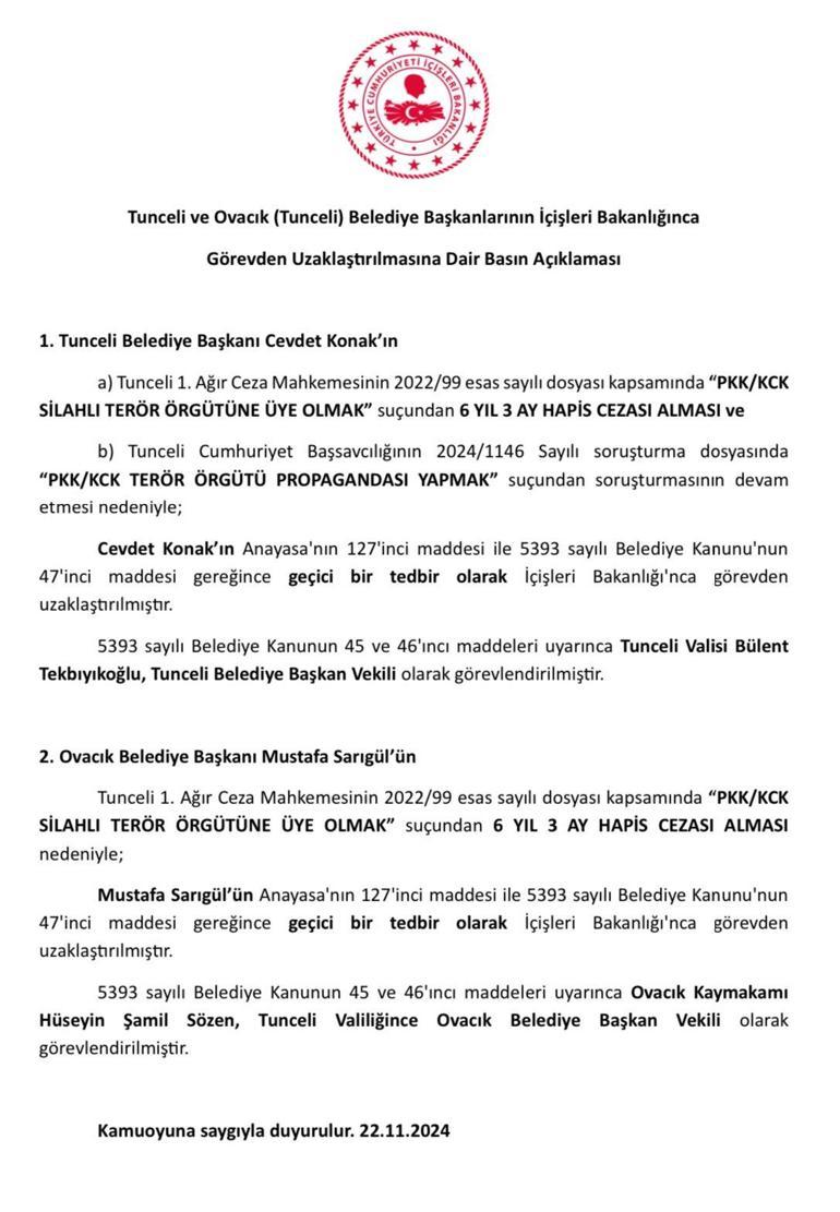 İki belediyeye görevlendirme… İçişleri Bakanlığı: Tunceli ve Ovacık’a görevlendirme yapıldı