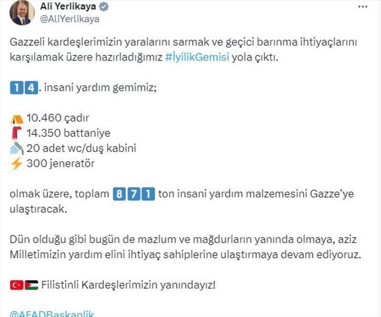 Bakan Yerlikaya: 871 ton insani yardım malzemesi Gazzeye ulaştırılacak