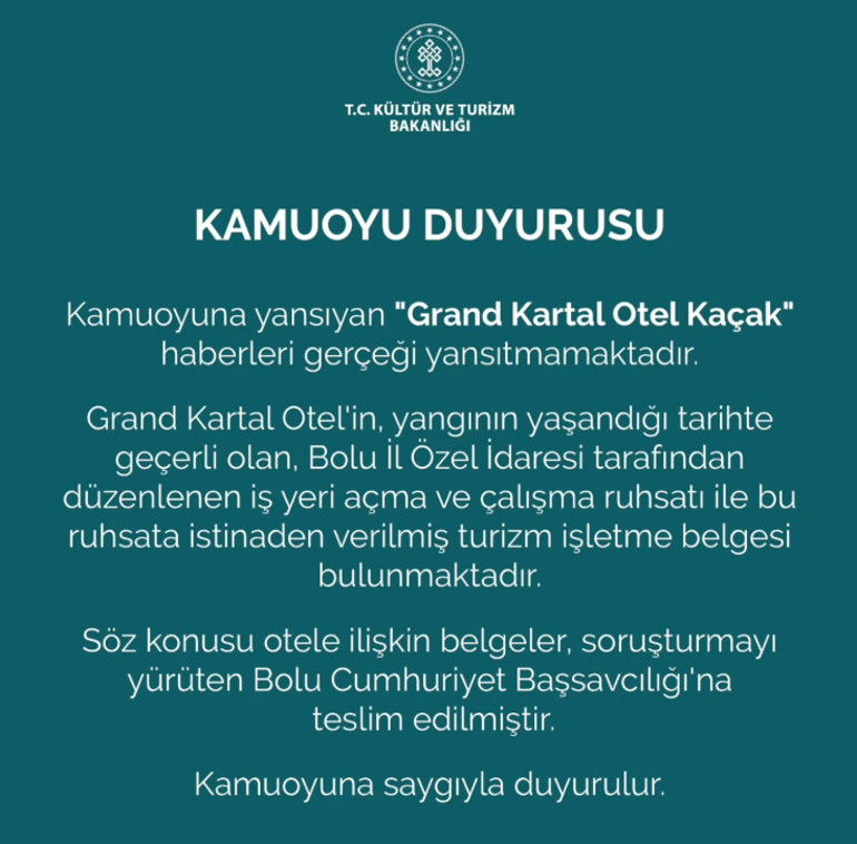 Bakanlıktan Boludaki Grand Kartal Otelin kaçak olduğu iddialarına yalanlama
