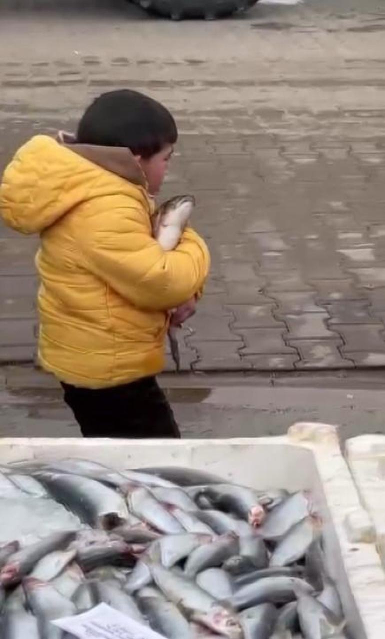 İstediğini alamayınca ağladı Hediye edilince balığa sarılarak uzaklaştı