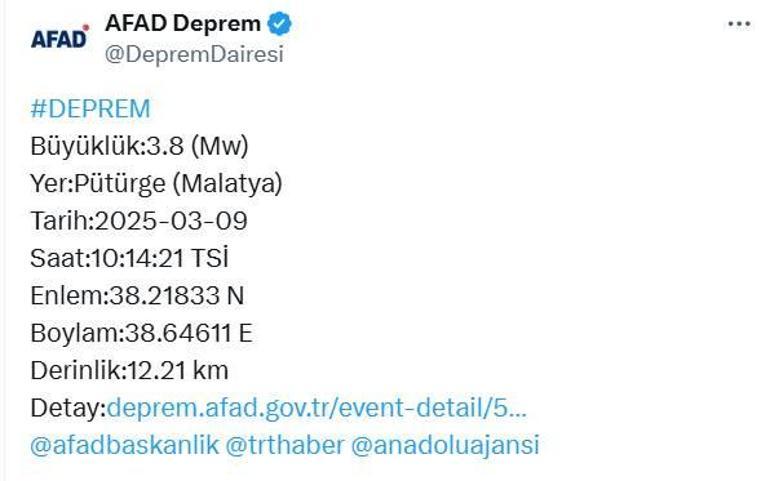 Malatyada 3.8 büyüklüğünde deprem