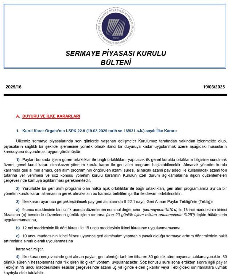 SPKdan şirketlere pay geri alımı kolaylığı