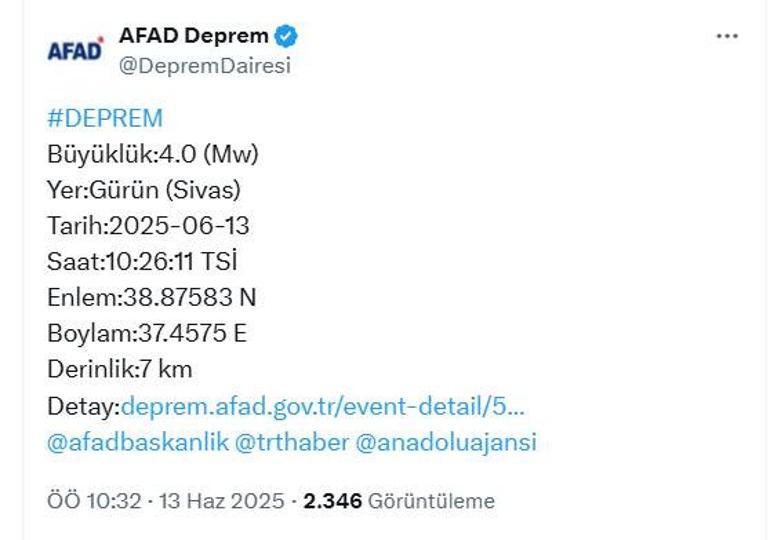 Sivasta 4.0 büyüklüğünde deprem