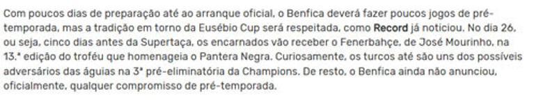 Fenerbahçe, Benfica ile hazırlık maçı yapacak Tarih belli oldu