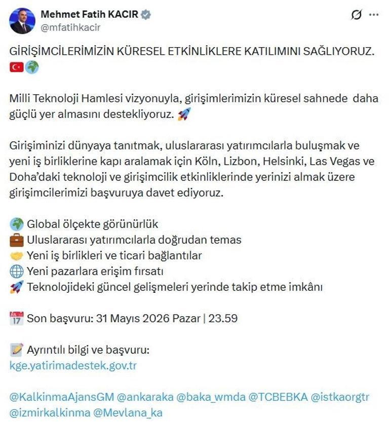 Yerli girişimler dünya ligine çıkıyor Bakan Kacır duyurdu