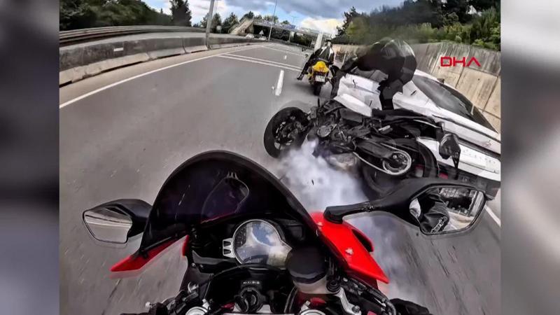 Metrelerce havaya uçtu! 3 motosiklet ve otomobilin karıştığı kaza kask kamerasında