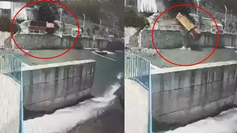 Kontrolden çıkan kamyon dereye böyle uçtu