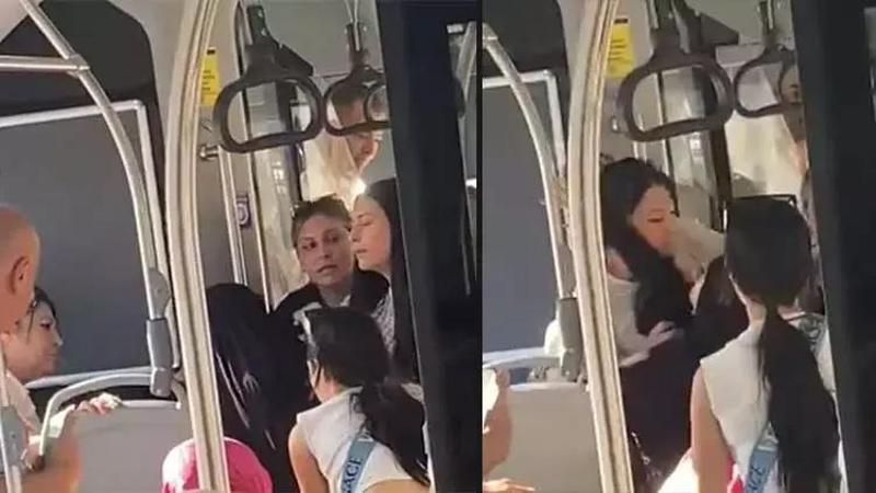 Denizli'de belediye otobüsünde 2 yolcunun kavga anı kamerada