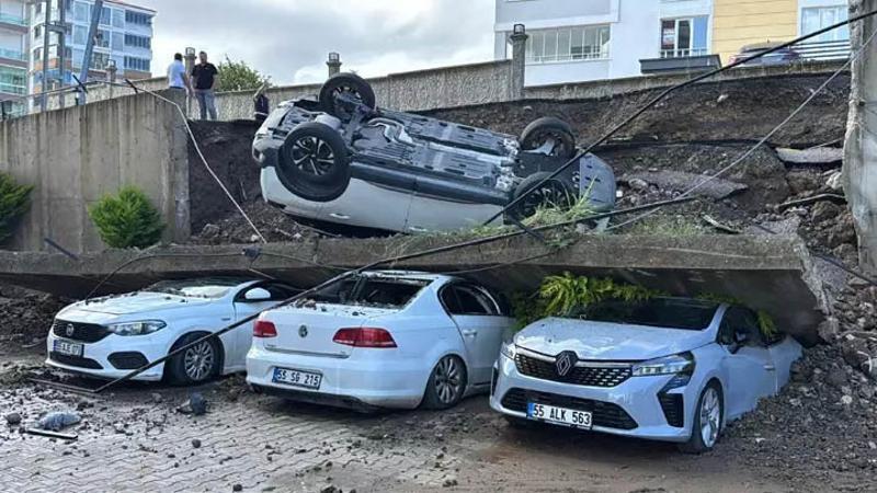 Samsun'da şiddetli yağmur sonrası istinat duvarı yıkıldı! 4 araç hurdaya döndü
