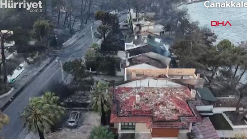Çanakkale’deki orman yangınında zarar gören evler havadan görüntülendi