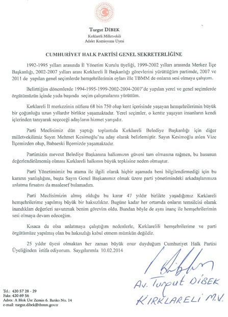 Turgut Dibek CHPden istifa etti