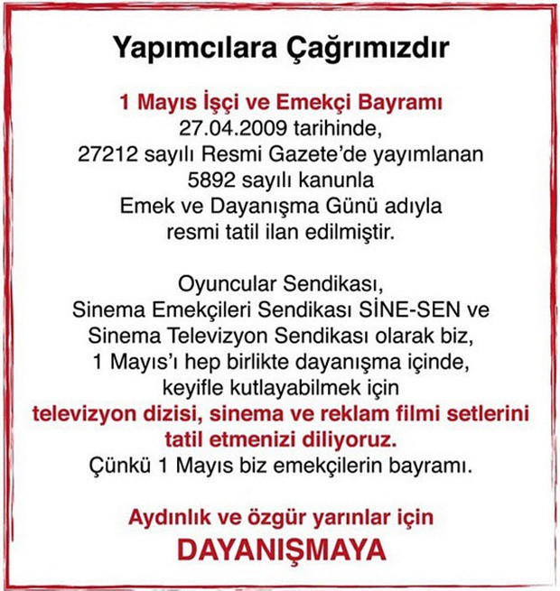 1 Mayısta setler tatil olsun çağrısı