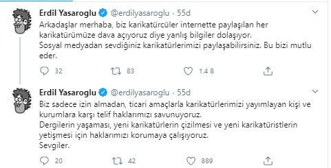‘Erdil Yaşaroğlu, karikatürlerini paylaşanlara telif davası açıyor’ iddialarına yanıt ‘Erdil Yaşaroğlu, karikatürlerini paylaşanlara telif davası açıyor’ iddialarına yanıt