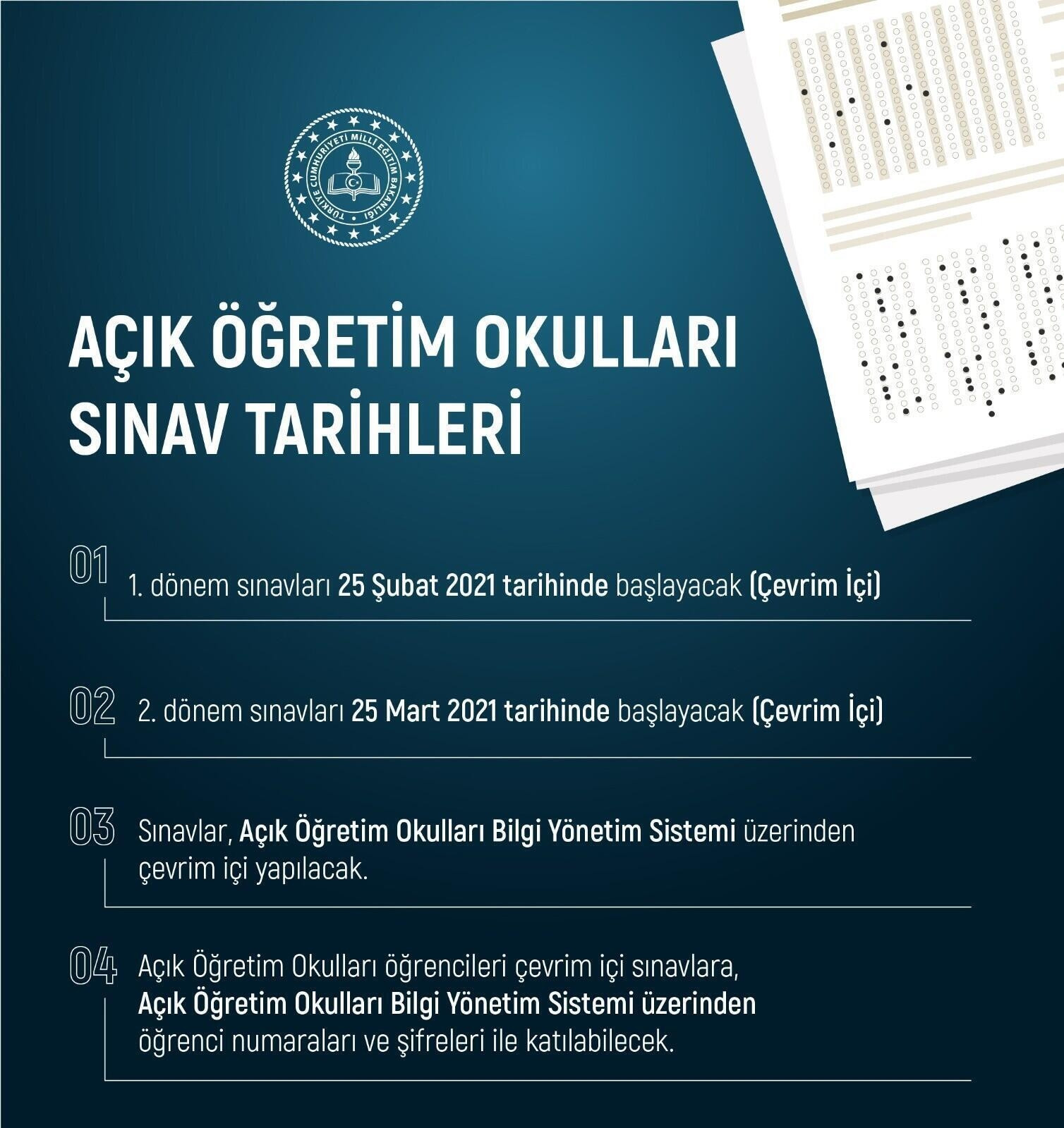 AÖL sınavları ne zaman yapılacak 2021 AÖL (Açık Öğretim Lisesi) 2. dönem sınavları için MEBden açıklama
