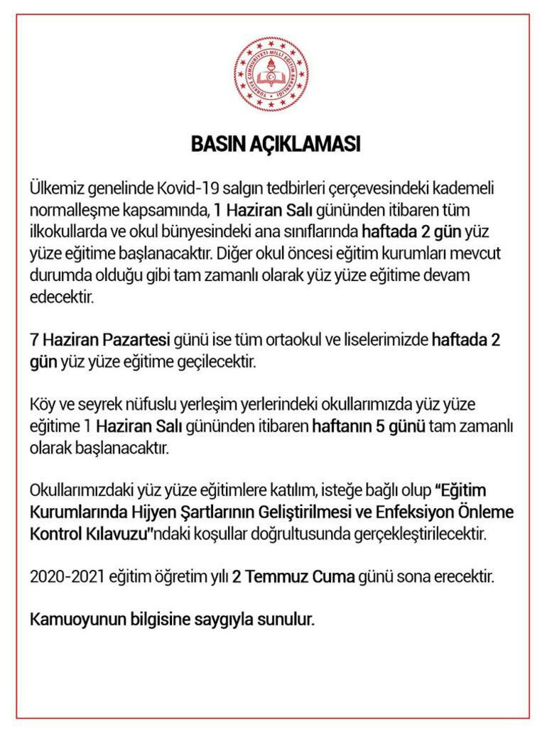 Okullar ne zaman açılacak Milli Eğitim Bakanı Selçuktan 1 ve 7 Haziran ilkokul, ortaokul, liselerin yüz yüze eğitim ve telafi eğitimi açıklaması