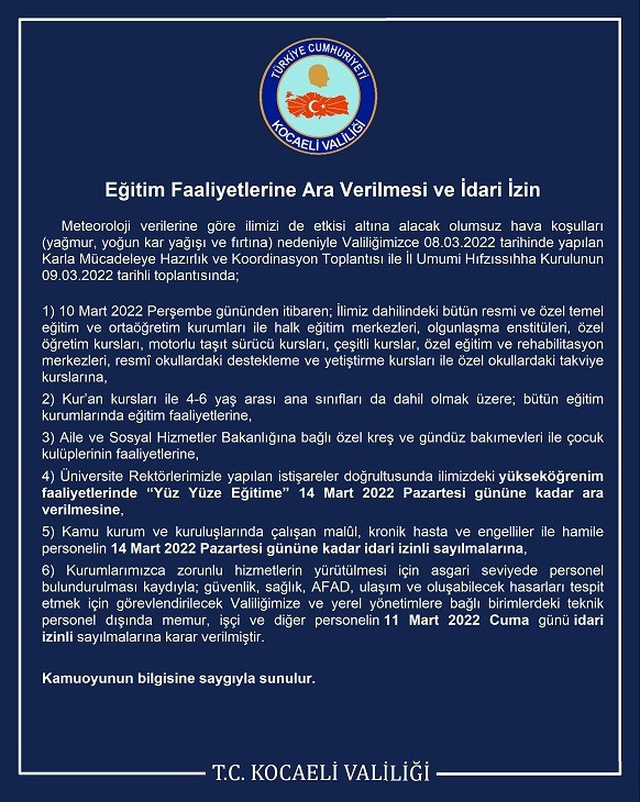 KOCAELİ’DE OKULLAR TATİL Mİ KOCAELİ’DE OKULLAR TATİL Mİ