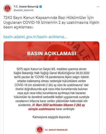 AÇIK CEZAEVİ İZİNLERİ UZATILDI MI Adalet Bakanlığından CTE COVİD-19 pandemi cezaevi izinleri hakkında son dakika açıklaması AÇIK CEZAEVİ İZİNLERİ UZATILDI MI Adalet Bakanlığından CTE COVİD-19 pandemi cezaevi izinleri hakkında son dakika açıklaması