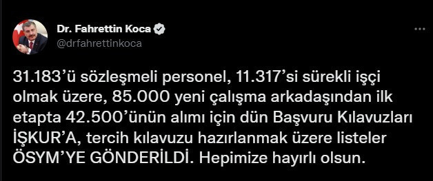 FAHRETTİN KOCA SOSYAL MEDYA HESABINDAN DUYURDU