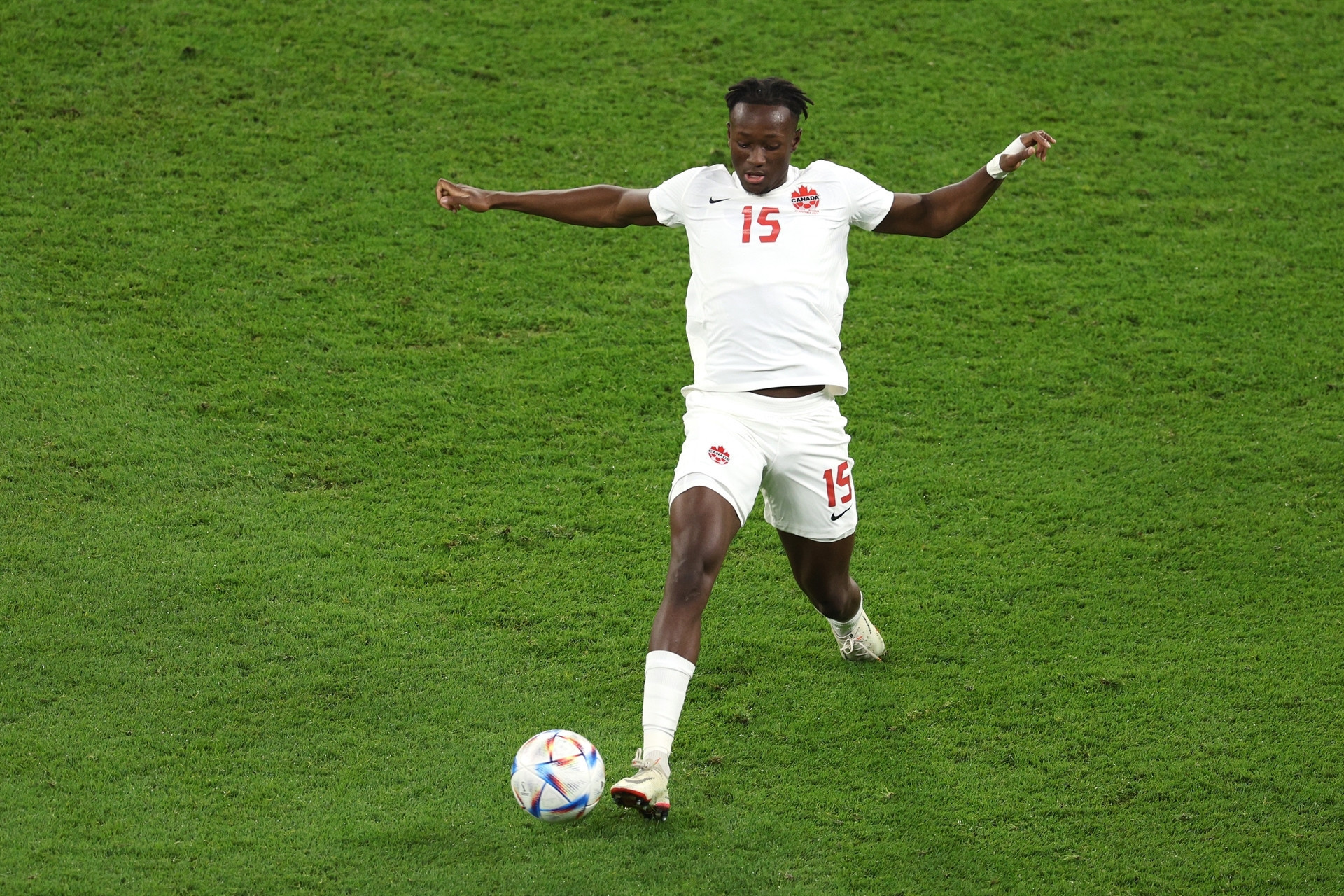 DOHA, QATAR - NOVEMBER 23: Ismael Kone of Canada controls the ball during the FIFA World Cup Qatar 2022 Group F match between Belgium and Canada at Ahmad Bin Ali Stadium on November 23, 2022 in Doha, Qatar. (Photo by Richard Heathcote/Getty Images)