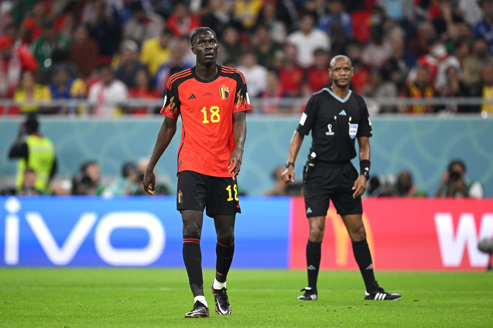 DOHA, QATAR - NOVEMBER 23: Amadou Onana of Belgium reacts  during the FIFA World Cup Qatar 2022 Group F match between Belgium and Canada at Ahmad Bin Ali Stadium on November 23, 2022 in Doha, Qatar. (Photo by Matthias Hangst/Getty Images)