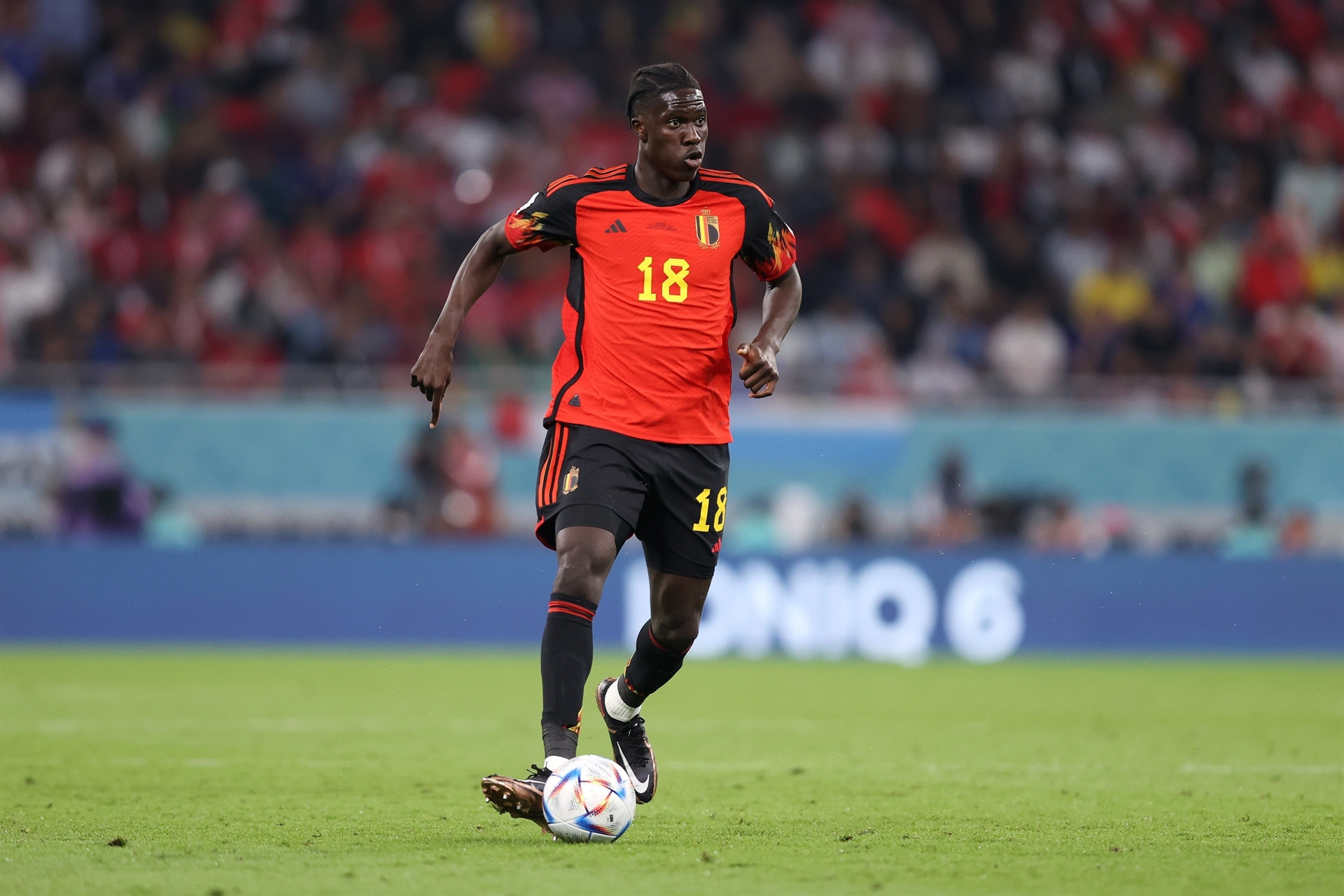 DOHA, QATAR - NOVEMBER 23: Amadou Onana of Belgium in action during the FIFA World Cup Qatar 2022 Group F match between Belgium and Canada at Ahmad Bin Ali Stadium on November 23, 2022 in Doha, Qatar. (Photo by Julian Finney/Getty Images)