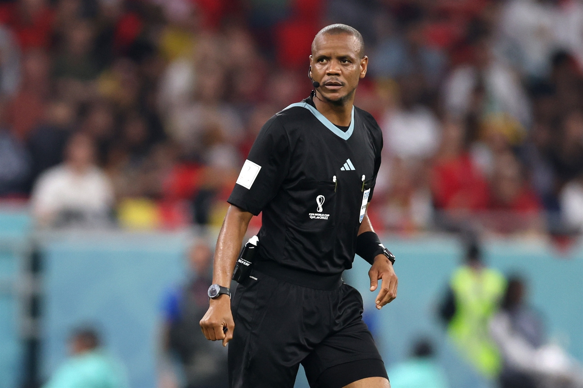 DOHA, QATAR - NOVEMBER 23: Referee Janny Sikazwe looks on during the FIFA World Cup Qatar 2022 Group F match between Belgium and Canada at Ahmad Bin Ali Stadium on November 23, 2022 in Doha, Qatar. (Photo by Clive Brunskill/Getty Images)