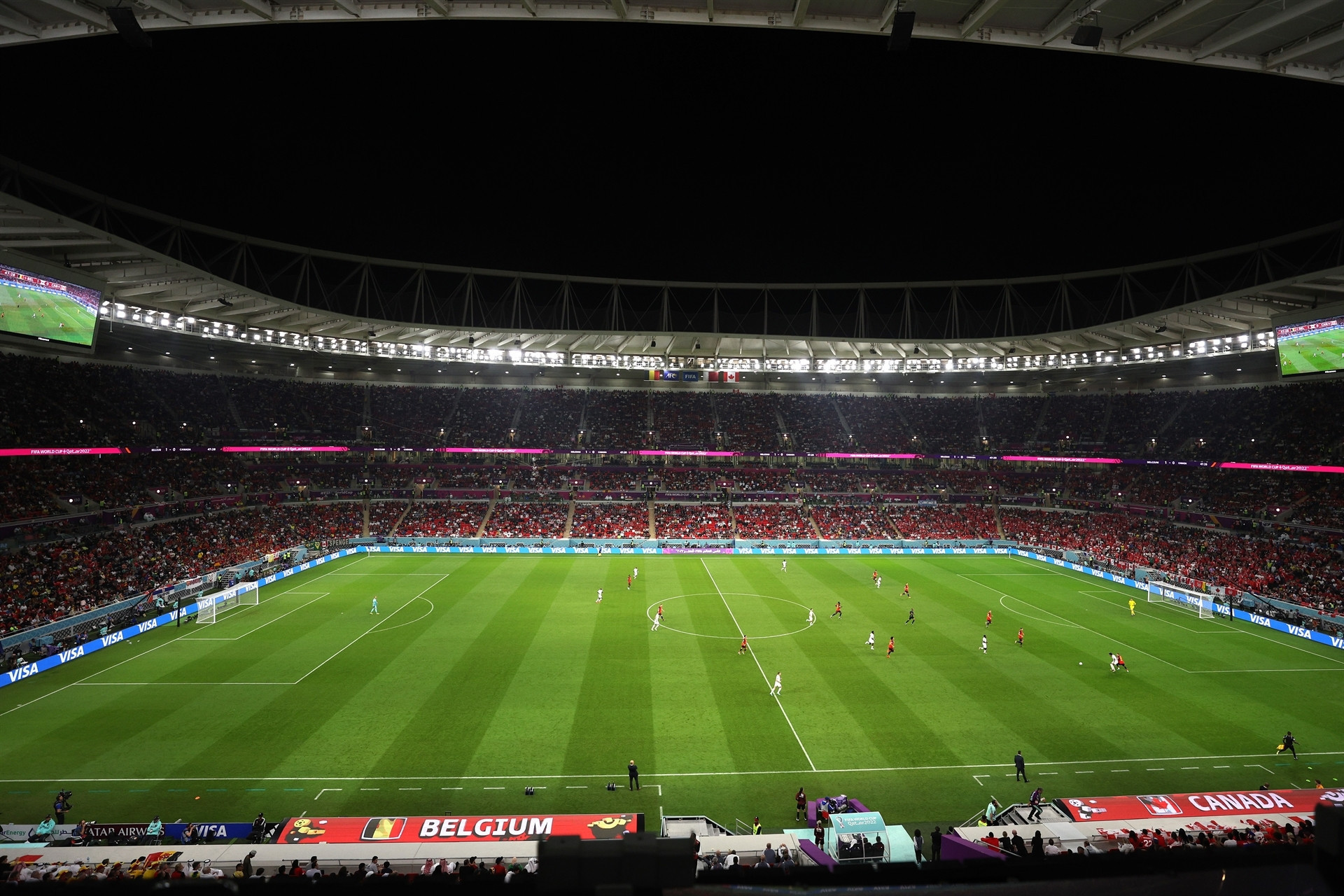 DOHA, QATAR - NOVEMBER 23: General view inside the stadium  during the FIFA World Cup Qatar 2022 Group F match between Belgium and Canada at Ahmad Bin Ali Stadium on November 23, 2022 in Doha, Qatar. (Photo by Richard Heathcote/Getty Images)