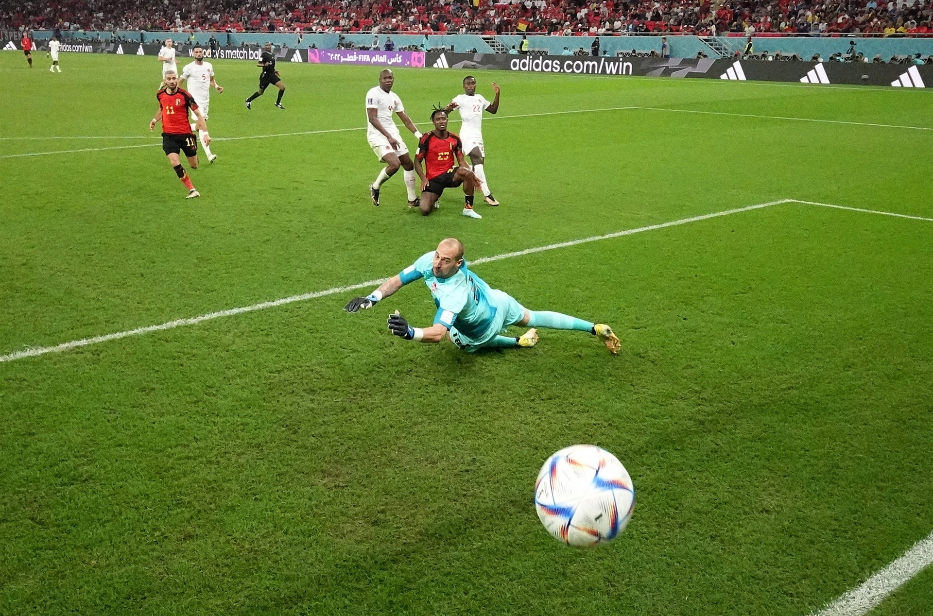 DOHA, QATAR - NOVEMBER 23: (EDITORS NOTE: In this photo taken from a remote camera from behind the goal) Belgiums Michy Batshuayi scores their first goal during the FIFA World Cup Qatar 2022 Group F match between Belgium and Canada at Ahmad Bin Ali Stadium on November 23, 2022 in Doha, Qatar. (Photo by Matthew Childs - Pool/Getty Images)