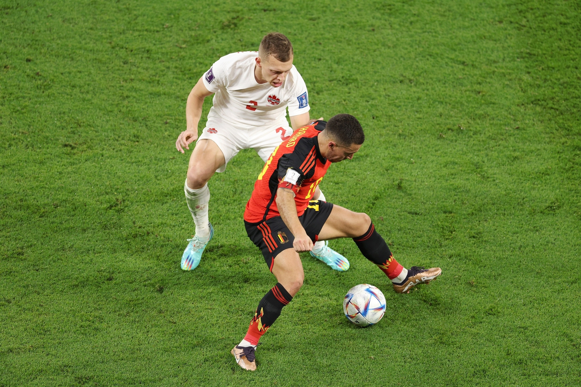 DOHA, QATAR - NOVEMBER 23: Eden Hazard of Belgium controls the ball against Alistair Johnston of Canada during the FIFA World Cup Qatar 2022 Group F match between Belgium and Canada at Ahmad Bin Ali Stadium on November 23, 2022 in Doha, Qatar. (Photo by Richard Heathcote/Getty Images)