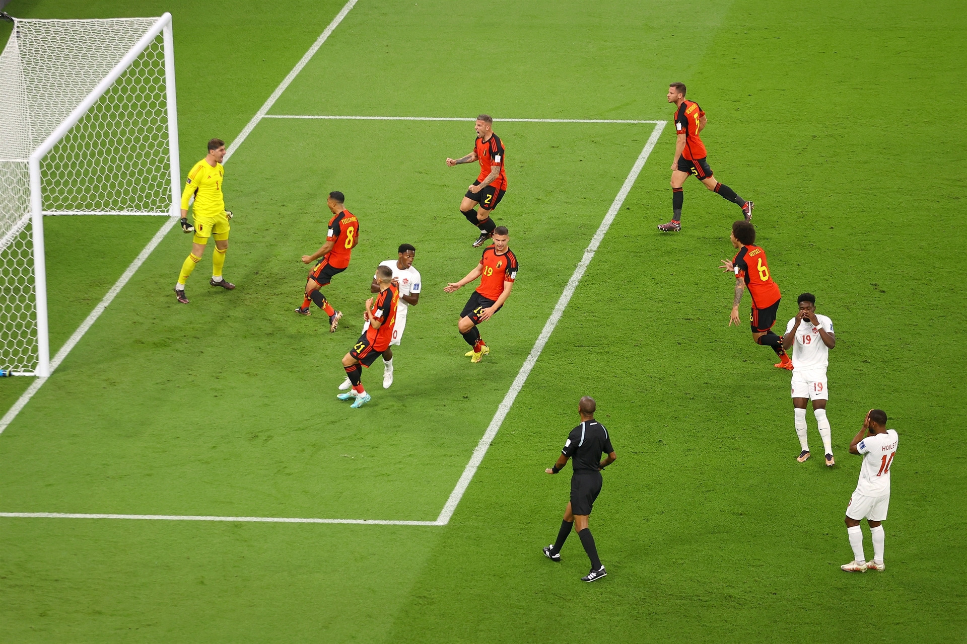 DOHA, QATAR - NOVEMBER 23: Thibaut Courtois of Belgium celebrates after saving the penalty taken by Alphonso Davies of Canada during the FIFA World Cup Qatar 2022 Group F match between Belgium and Canada at Ahmad Bin Ali Stadium on November 23, 2022 in Doha, Qatar. (Photo by Richard Heathcote/Getty Images)